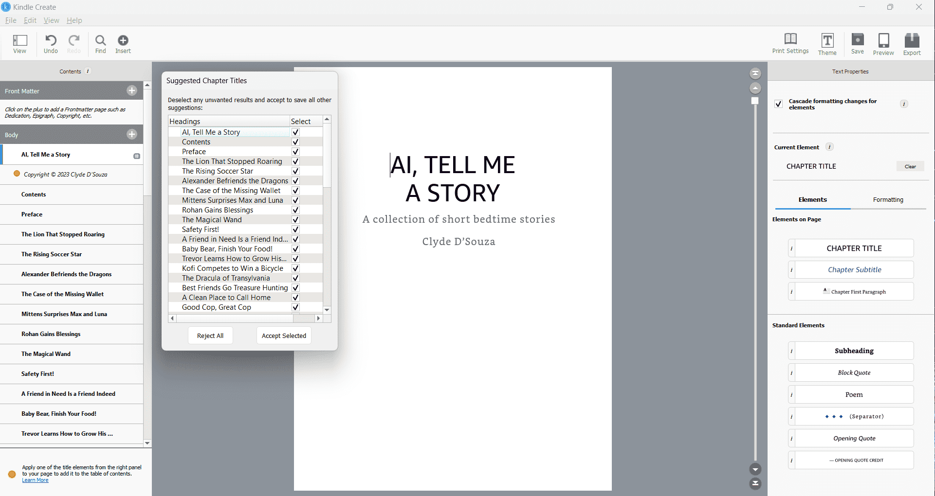 A screenshot of how Kindle Create automatically detects page titles in a book.