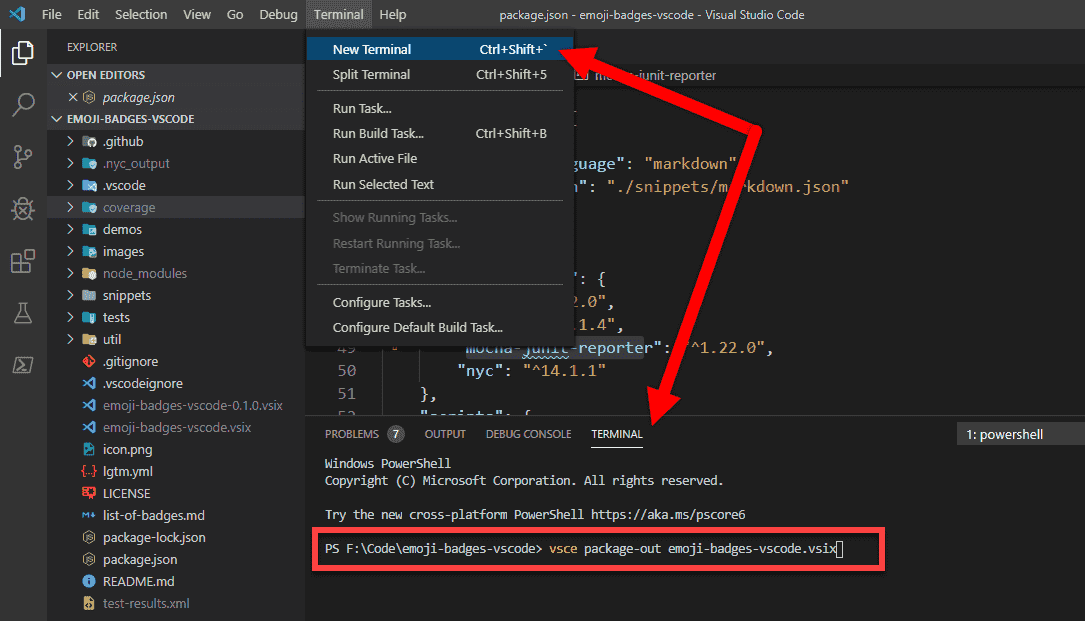 Picture showing vsce package command typed in a VS Code terminal.