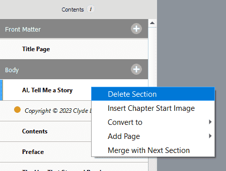 A screenshot of deleting a section in Kindle Create.