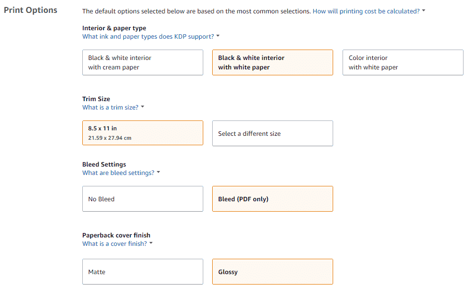 Image showing print options in KDP.