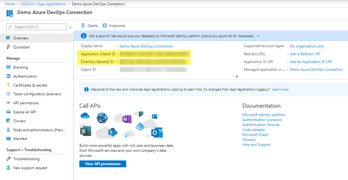 Image showing how to get the application ID and directory ID