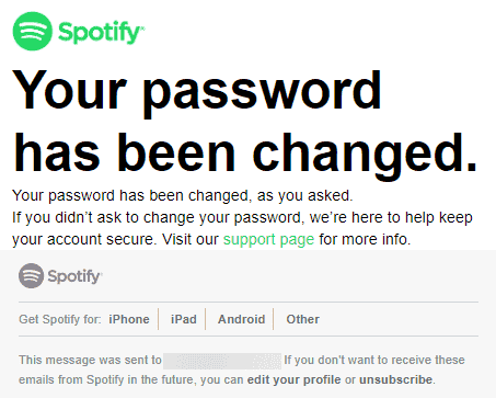 Image of email confirmation received after updating Spotify account password.