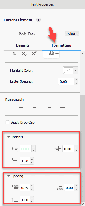 Screenshot showing the formatting tab in Kindle Create.