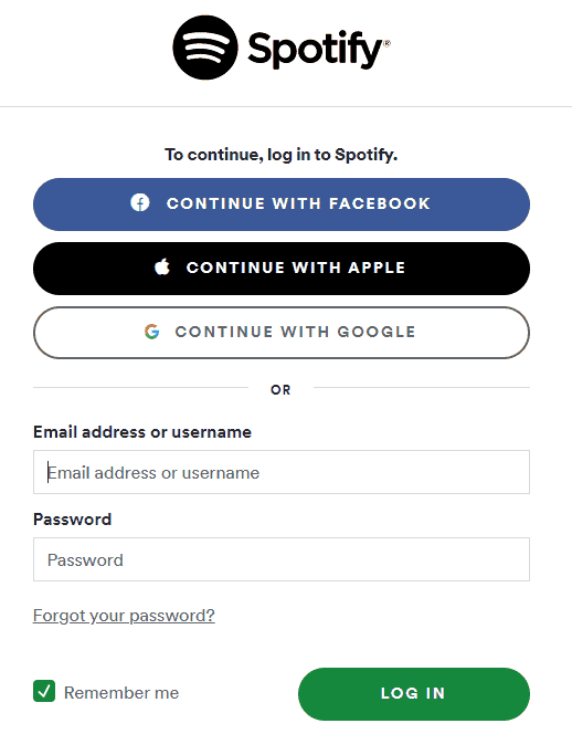 An image showing the various ways a user can log in to Spotify.