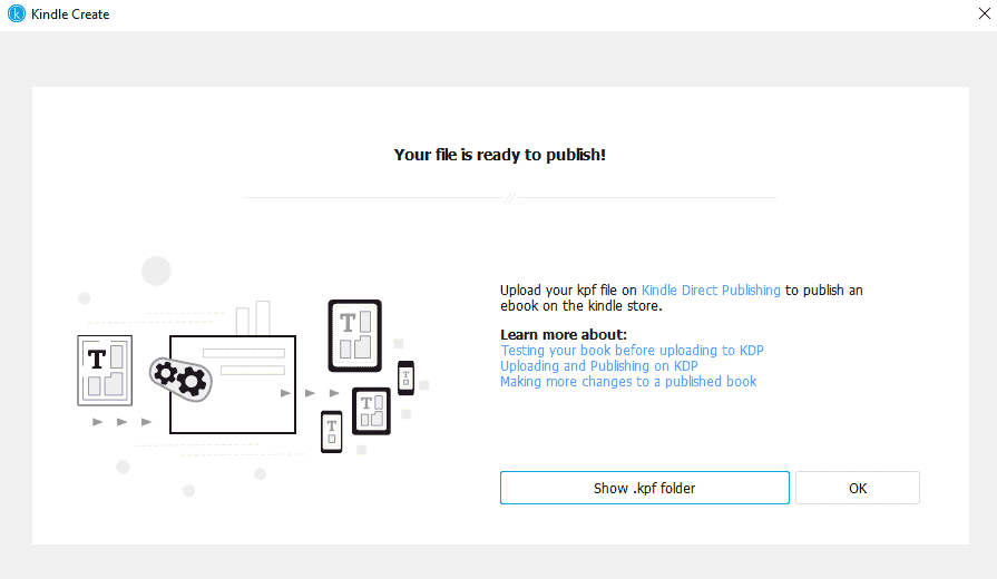 Screenshot of the window seen after publishing a .kpf file.