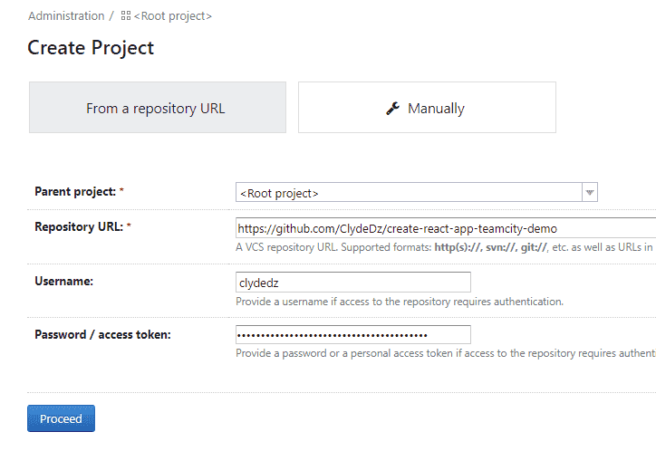 Creating a new project in TeamCity — configuration required to be saved.