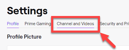 Clicking on channel and videos menu item in Twitch.