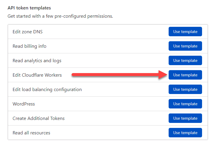 Screenshot showing how to use an existing template to create an API token.