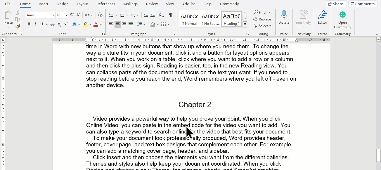 GIF showing how to add a page break in Microsoft Word.