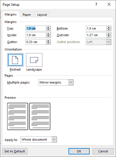 Image showing a sample Word margin setting.