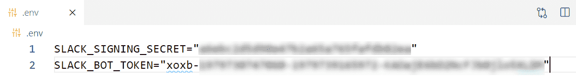 Screenshot showing how to add the bot token and signing secret value in the env file of your app.