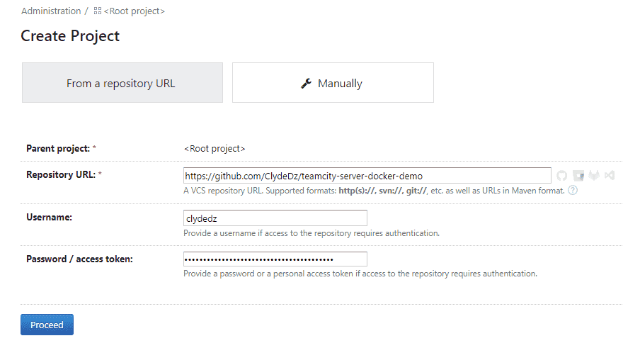 Screenshot showing how to create a project in TeamCity.
