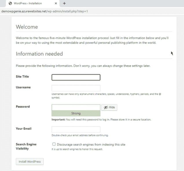 Configuring site information in WordPress during installation