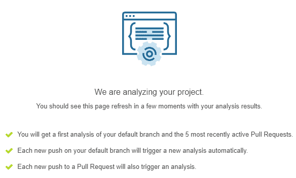 Screenshot of SonarCloud analyzing the source code for the first time.