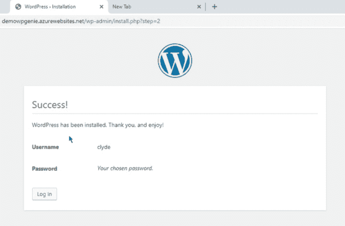 Image of successful WordPress installation