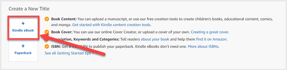Screenshot showing how to create an eBook in Kindle Direct Publishing.