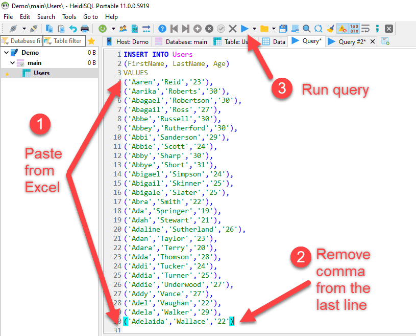 Image of the SQL statement in HeidiSQL with steps annotated