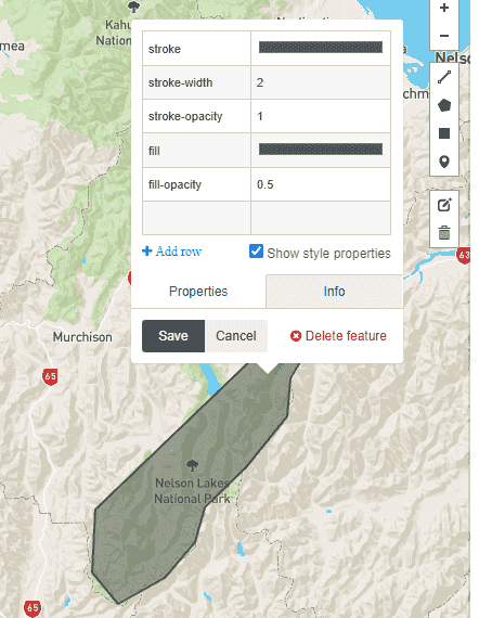 An image of the properties tab selected on a GeoJSON rendered map.