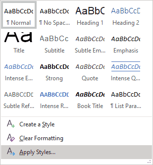 Screenshot of the available styles in Microsoft Word.