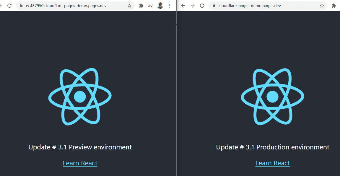 A screenshot of the React app in two different environments.