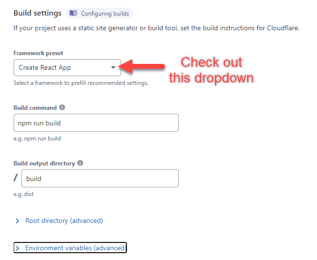 An image of the build settings in Cloudflare Pages.
