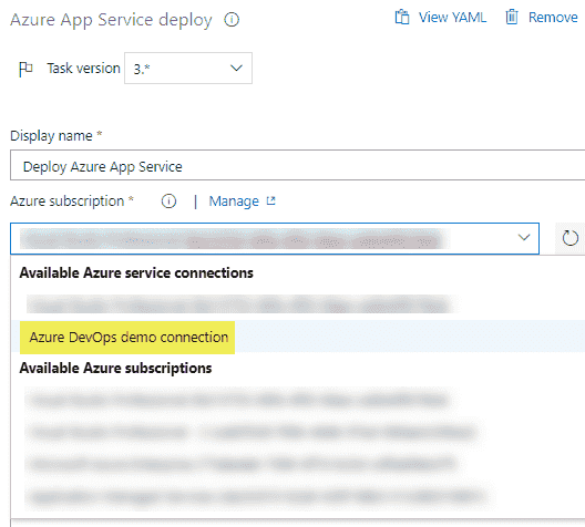 Image showing where the Azure service connection is used