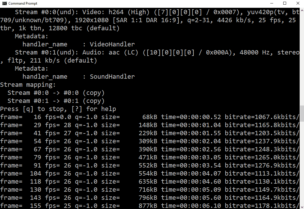 Progress of the command after executing.