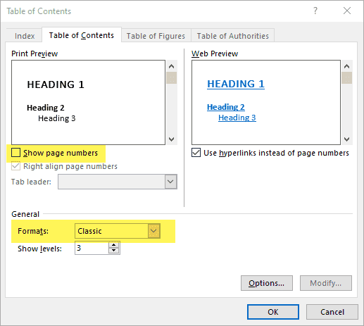 Screenshot showing the configuration used for the table of contents in Microsoft Word.