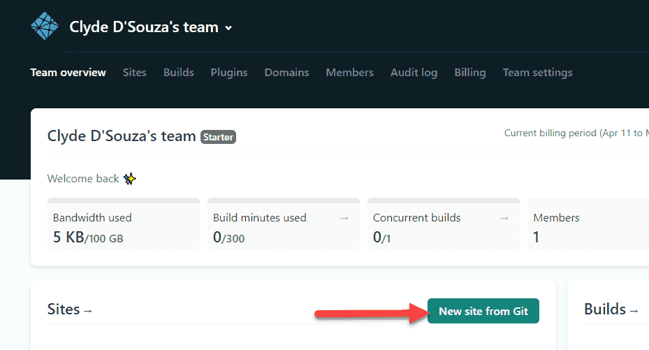 Screenshot showing how to create a new site in Netlify from a git repo.