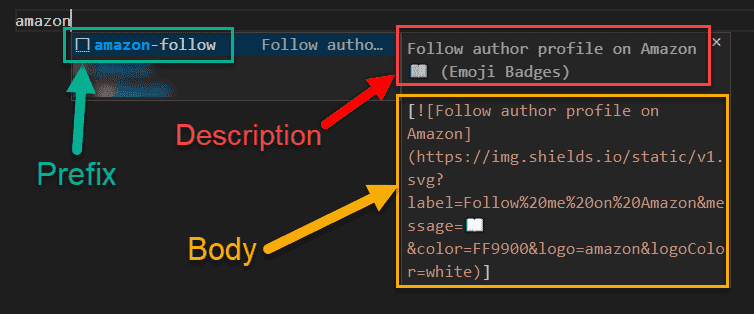 Image showing how to read a snippet's IntelliSense suggestion by VS Code.
