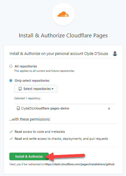 An image showing how to install and authorize Cloudflare Pages with GitHub.