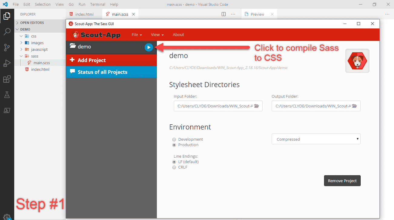 Screenshot showing how to compile SCSS files in Scout-App.