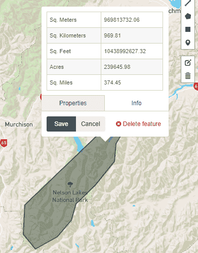 An image of the info tab selected on a GeoJSON rendered map.