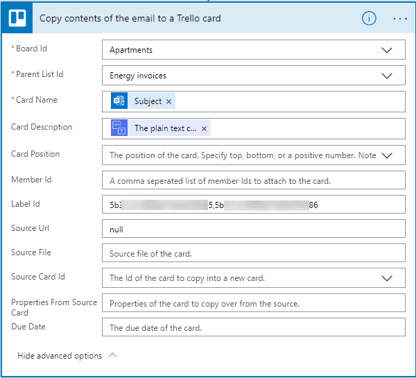 Image showing how to configure the create Trello card action