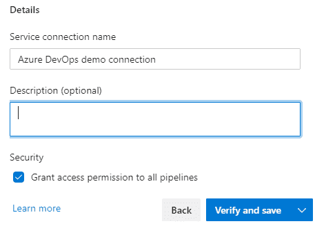 Image showing basic details for the Azure service connection