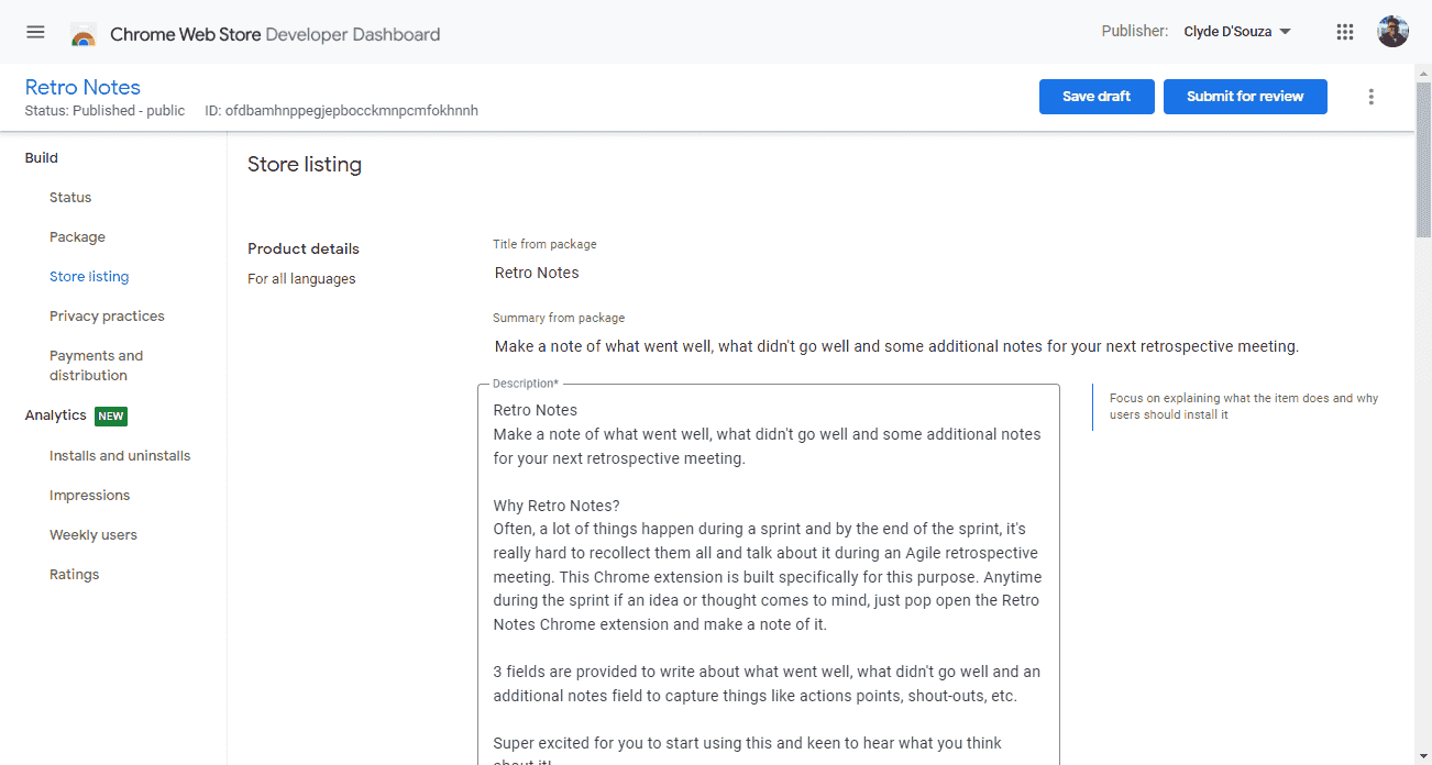 Chrome Web Store Developer Dashboard store listing page.
