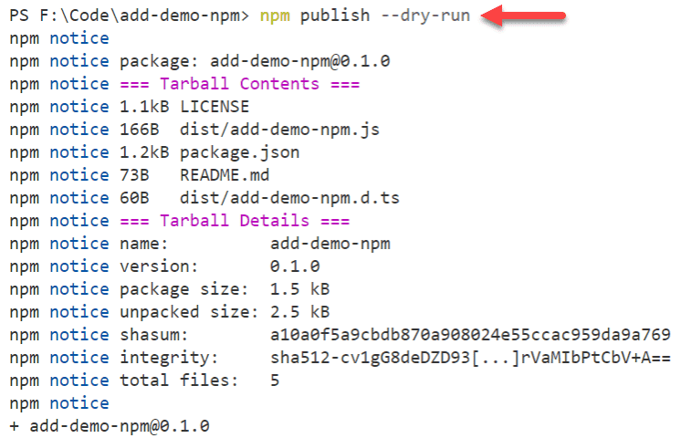Screenshot showing npm dry-run command in action.