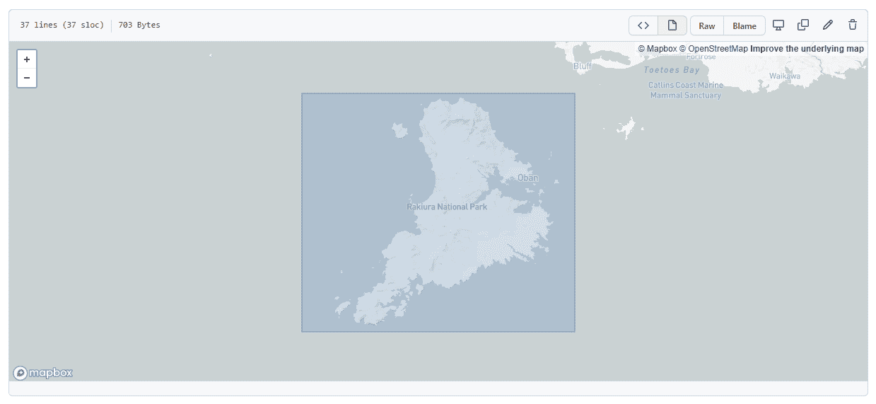 An image of a rectangle rendered on a GeoJSON rendered map.