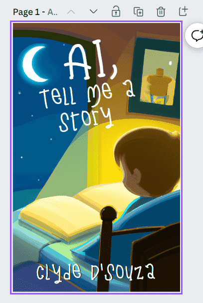 A screenshot of the AI, Tell Me a Story book cover created in Canva.