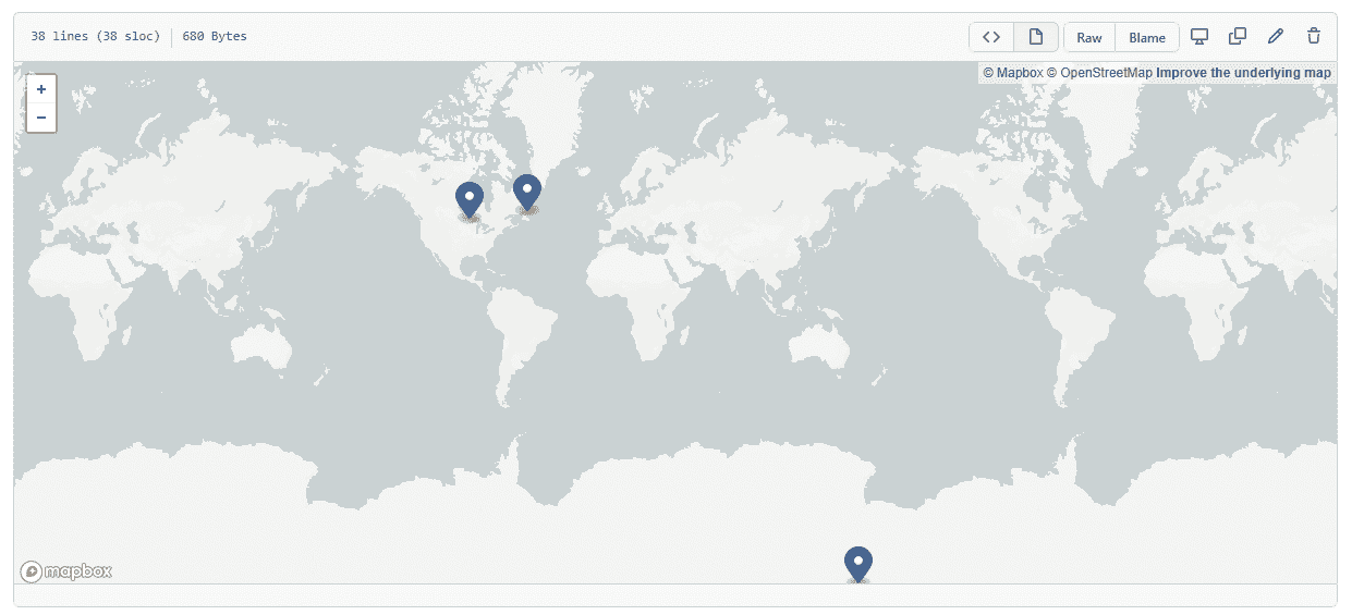 An image of multiple points rendered on a GeoJSON rendered map.