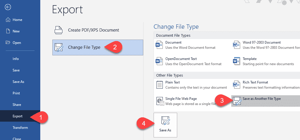 Image showing how to save a Word document as another file type.