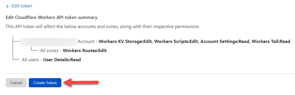 Screenshot showing how to create a token in Cloudflare.