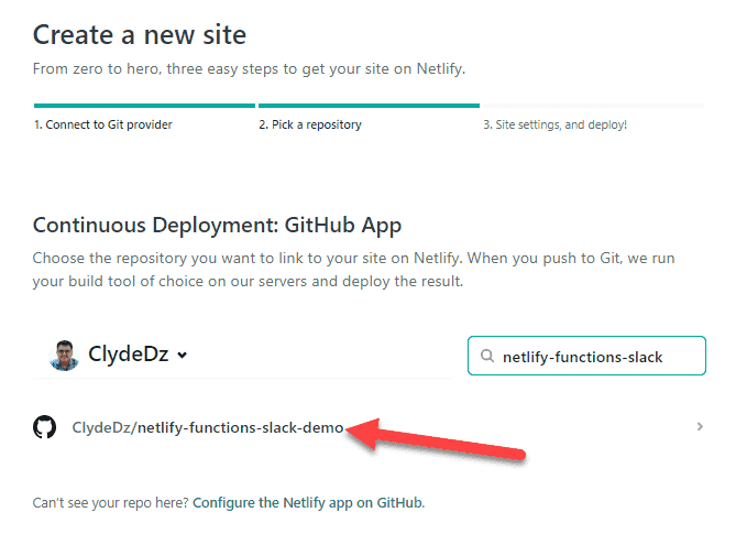 Screenshot showing how to connect GitHub with Netlify and pick a repository to sync with Netlify.