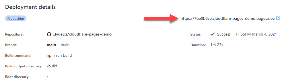An showing the deployment details in Cloudflare Pages after a successful deployment.