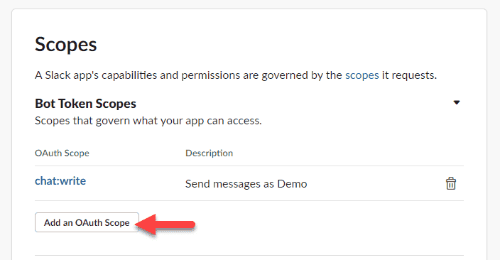 Screenshot showing how to add an OAuth scope to your Slack app.