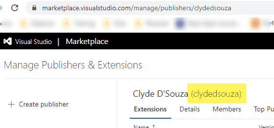 Picture showing where to find the VS Marketplace publisher name/ID.