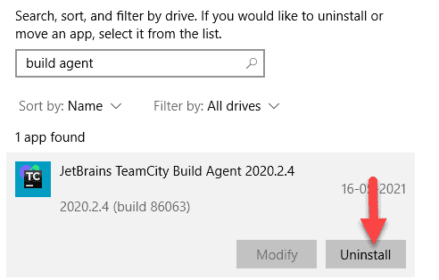 Screenshot showing how to uninstall TeamCity build agent.
