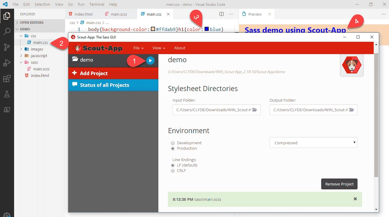 Screenshot showing steps to perform after updating a SCSS variables value.