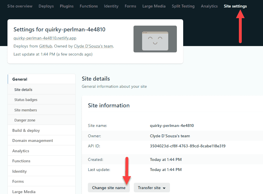 Screenshot showing how to update the site name in Netlify.
