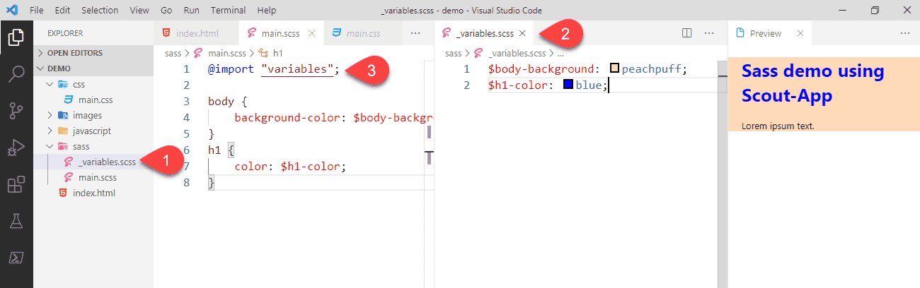 Screenshot showing how to create and reference a partial SCSS file.